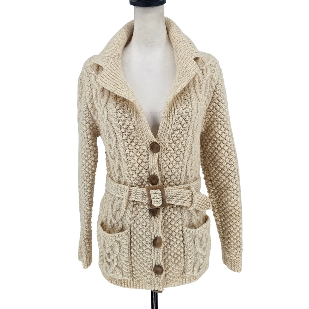 VTG Cream Fisherman Cardigan Sweater S Wool Cable Knit Belted Shawl Collar Aran